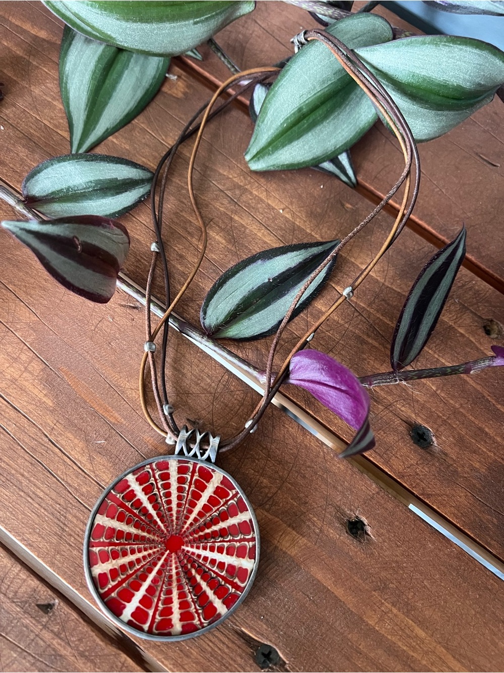 Silpada Women's Red Shell Sterling Silver Large Sundial Pendant Leather Cord